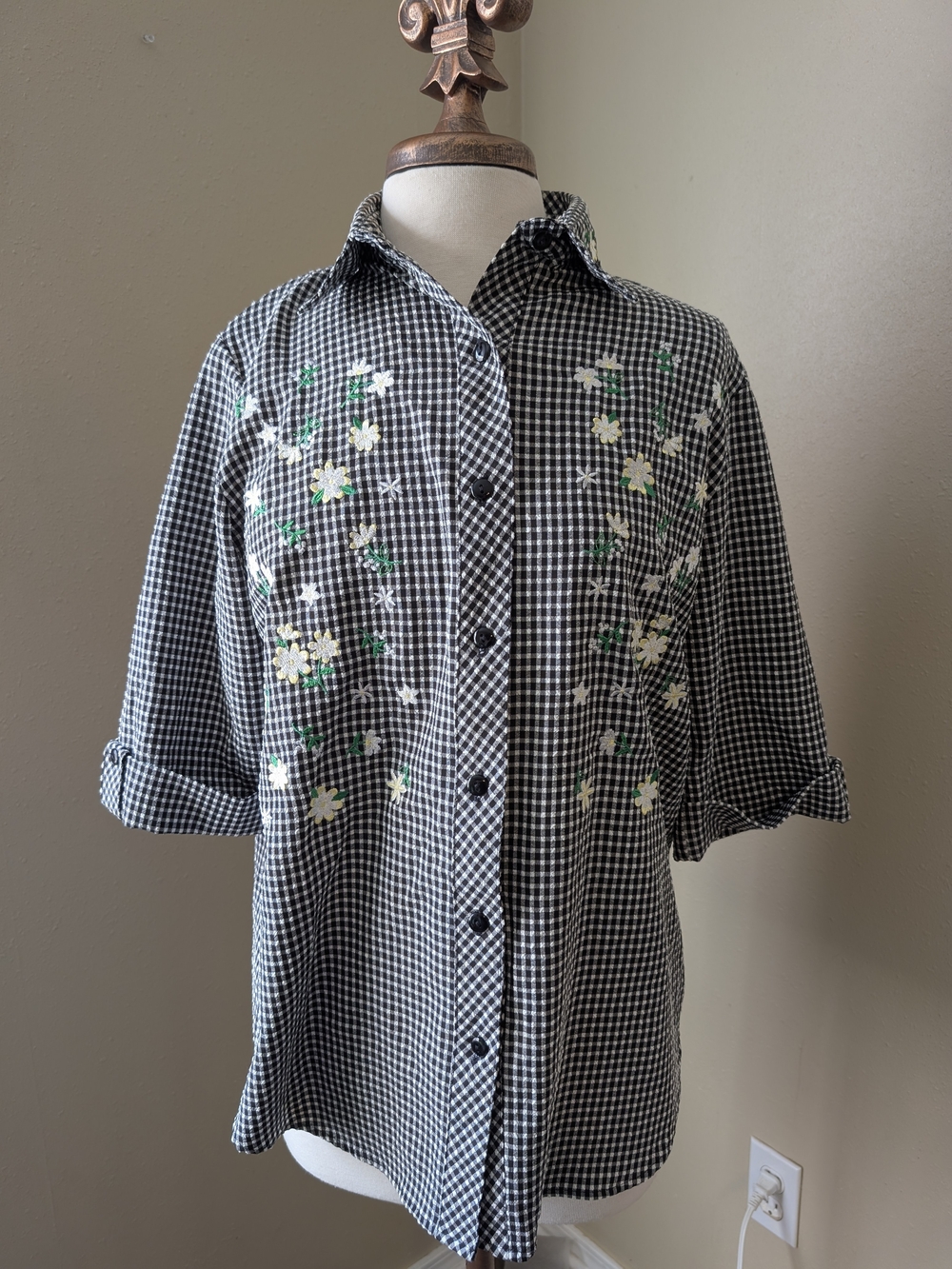 Bon Worth Black Gingham Button-Down Shirt with White Floral Embroidery